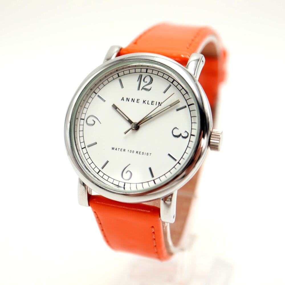 Anne Klein Silver Tone Classic 36mm Round Watch Orange Leather with New Battery